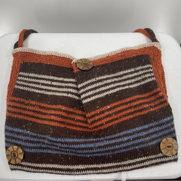 Handmade Nubby Knit Brown Rust Blue White Wood Hobo Bag Satchel Boho Crossbody - Picture 1 of 10